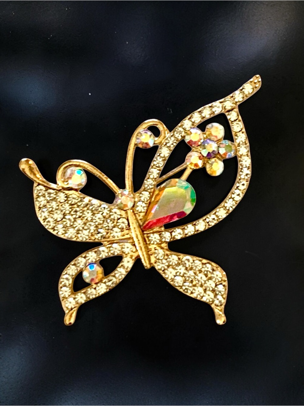 Gold-Tone Butterfly Brooch with Iridescent Crystal NWOT